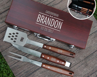 Personalized BBQ Tool Set Engraved with Groomsman Design Options and Font Selection including Three Piece Tool Set in Case (Each)