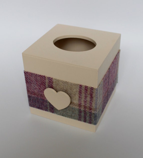 Tissue Box Cover with Lilac Heather Tweed and Wood Emblem