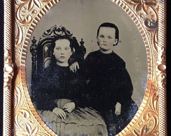 Antique Tintype Vintage Photo Sister and Brother Gold Frame