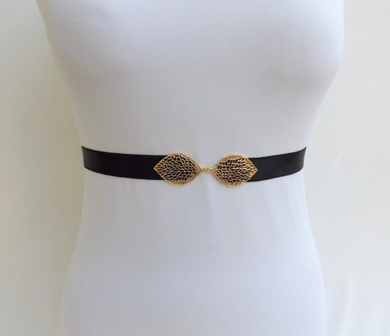 Black belt. Gold leaf belt. Dress belt. Elastic waist belt.