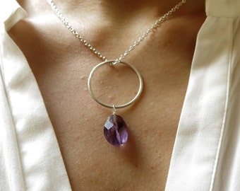 Amethyst necklace. Amethyst and sterling silver necklace. February birthstone. Artisan necklace. Raw silver necklace.
