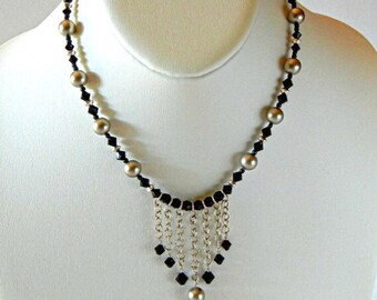 Swarovski Platinum Pearls Jet Crystal Sterling Silver Chain Necklace DE329
