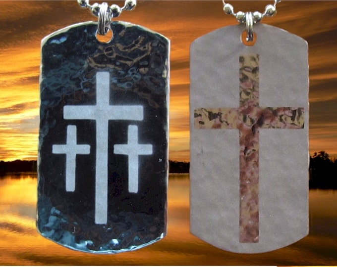 Silver Reversible Hand Hammered Calvary 3 Cross Necklace Mens Boys Christian Jewelry - Saint Michaels Jewelry - Calvary Three Cross