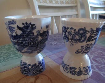 Egg Cups - Dutch Blue - Delft Ware - Blue and White China - Two Ends - Large & Smaller Ends - TWO Vintage Egg Cups - Different Motifs