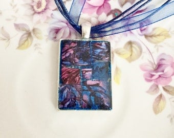 Mosaic pendant necklace sapphire blue and mulberry rose Van Gogh mosaic tile resin one of a kind
