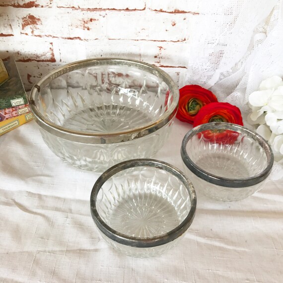3 Vintage Clear Crystal Glass Bowl Set w/ Silver Metal rim