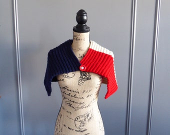 French Flag Wrap With Decorative Buttons, Hand Knit Wrap, Custom Made, Red White And Blue, Patriotic Clothing Women, One Of A Kind, Unique
