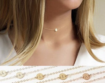 Gold choker necklace, Initial disc choker, Dainty chain choker personalized, Custom initial choker, Gold filled Silver choker Rose gold