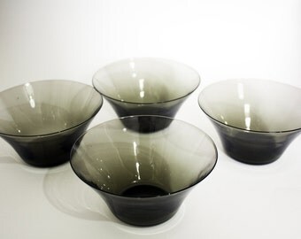 Scandinavian, Handmade Smoked Glass Bowl Set. 1 large & 4 small.