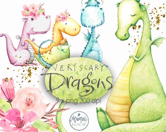 Dragons clipart, Watercolor, Boys clipart, Girls clipart, cute animals , watercolor, hand painted, floral,kids party invitation,cute dragons