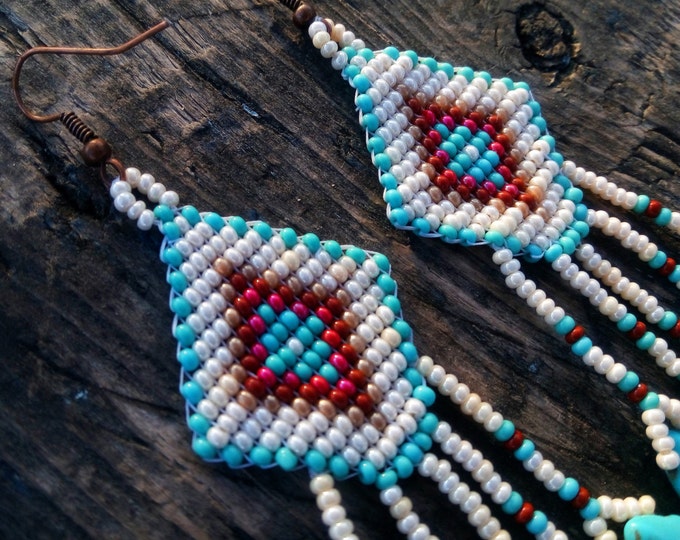 Chandelier woven beaded earrings with turquoise with traditional national ethnic Ukrainian pattern, Czech beads, women beaded jewelry