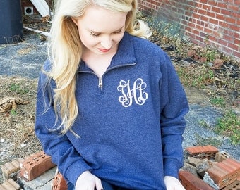 Quarter Zip Monogrammed Sweatshirt ~ 1/4 Zip Monogram Pullover Sweater ~ Gift for Her ~ Gift Under 30 (V)