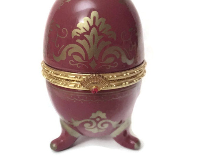 Faberge Style Egg with Watch - Red and Gold Three Footed Porcelain Egg with a Watch Hidding Inside,