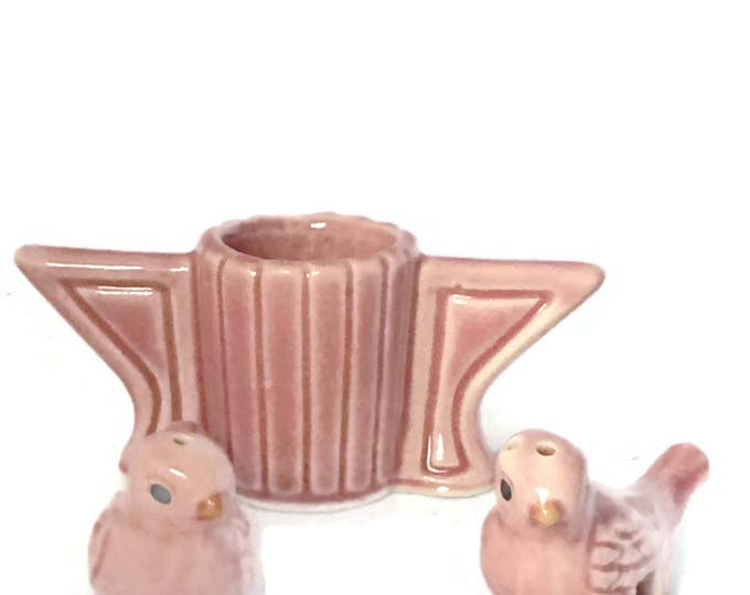 Vintage Sparrow Birds Perched on Toothpick Holder Salt and Pepper Shakers | Pink MidCentury Decor | Man Men Decor Teen