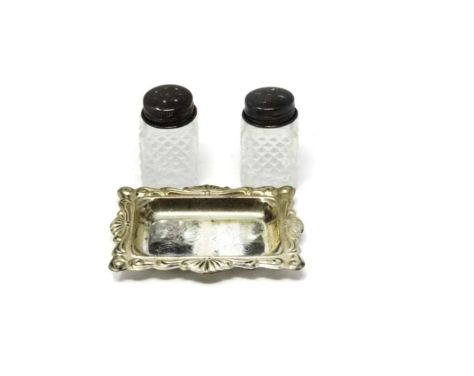 Vintage Salt and Pepper Shakers - Cut Glass Shakers- Silver Plated Tray Vintage Silver Plate Cut Glass Salt Shaker Pepper Shaker Mid Century