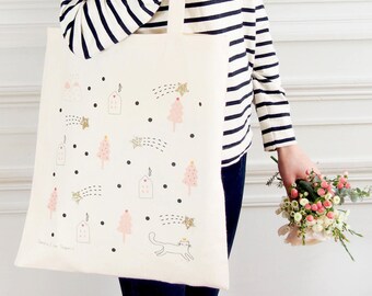 Glittery & Eco-friendly cotton Tote bag "Falling stars" - 100% natural and fair trade / Organic / Illustration - Cat/mountain/ Gold/Glitters