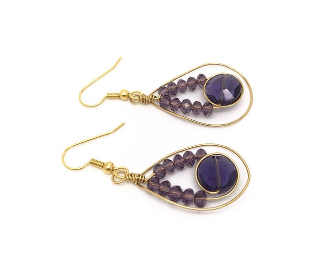 Gold purple earrings, Purple earrings, purple gold earrings, wire wrapping earrings, Purple jewelry, lavander earrings