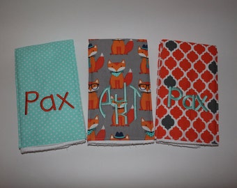 Monogrammed Burp Cloths, Set of 3. Custom made for boy or girl.