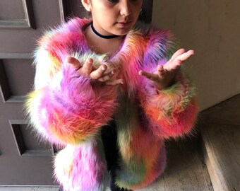 Rainbow festival fur coat faux fur stole fur shrug bolero fur jacket rainbow lined in printed silk diamond crystal closure at neck long slee