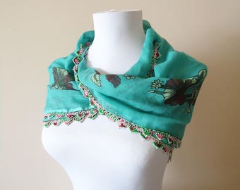 Turkuaz Traditional Turkish Scarf, Beaded Embryodery Edge Scarf, Turkish Yemeni Scarf, Blue Yemeni Scarf, Turkuaz Oya Yemeni Scarf