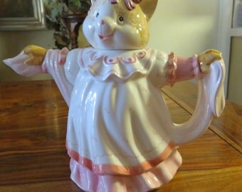 Adorable Vintage Porcelain Cat In A Gown Tea Pot
