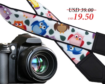 Owl camera strap. Birds camera strap. Black DSLR / SLR Camera Strap. Camera accessories.