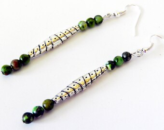 Dangling Earrings, Silver Tube Earrings, Jasper Stone Earrings, Gemstone Earrings, Long Dangling Earrings, Gift for Her, BFF Gift, Pierced