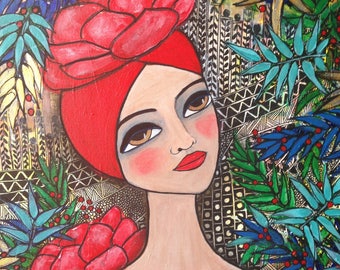 Red Lotus III. Mixed media folk art portrait.