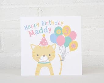 Personalised Cat Birthday Card for a Child, 1st Birthday Card, 2nd Birthday Card, Boy Card, Girl Card, Kids Birthday Card, Cute Card