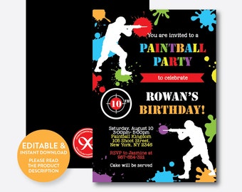 Instant Download, Editable Paintball Birthday Invitation, Paintball Invitation, Paintball Party Invitation, Boy Birthday Invitation (SKB.42)