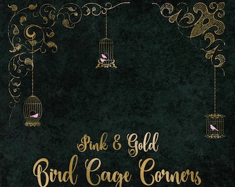Pink and Gold Birdcage Corner clipart, gold PNG digital graphics, wedding, shabby chic bird cage, vintage ornamental border flourishes