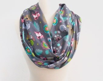 Woodland Animal scarf, Infinity scarf, Kids scarves, Women's, Tribal, Owl scarf, squirrel, fox, snail, Forest, Gray scarf, circle scarf