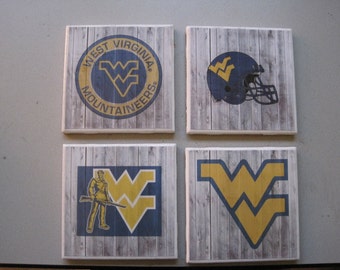 West Virginia University (Mountaineers) Themed Ceramic Tile Coasters - Set of 4