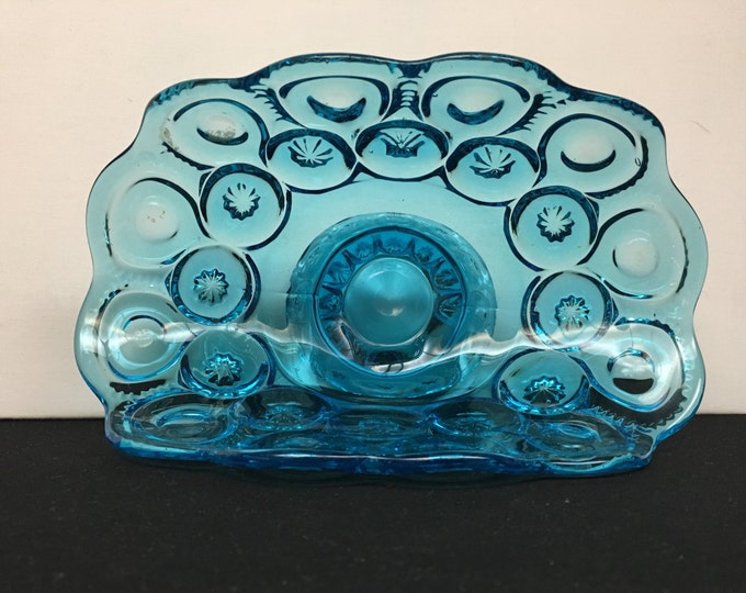 Storewide 25% Off SALE Vintage Blue Fostoria Art Glass Footed Centerpiece Bowl Featuring Fan Shaped Coin Design