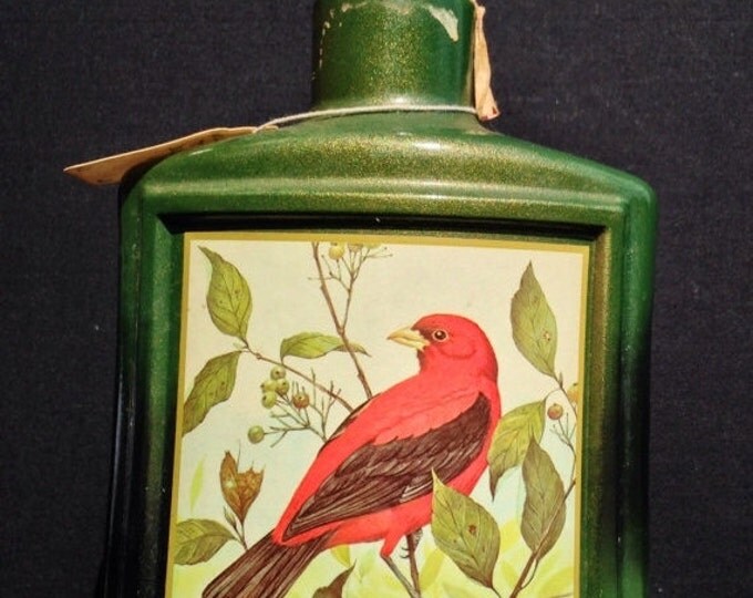 Storewide 25% Off SALE Vintage Green Colored Classic American Red Cardinal Bird Jim Beam Fine Porcelain Liquor Container, great bar collecto