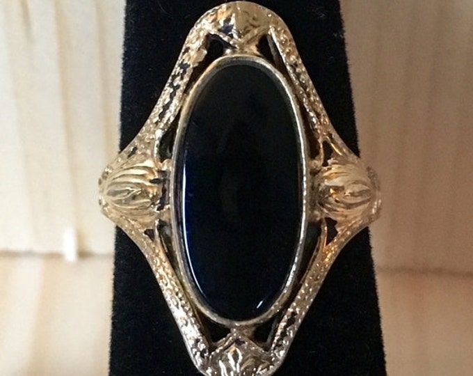 Storewide 25% Off SALE Vintage 14k EP Gold Polished Black Onyx Cabochon Ladies Designer Ring Featuring Elegant Filigree Design Accents