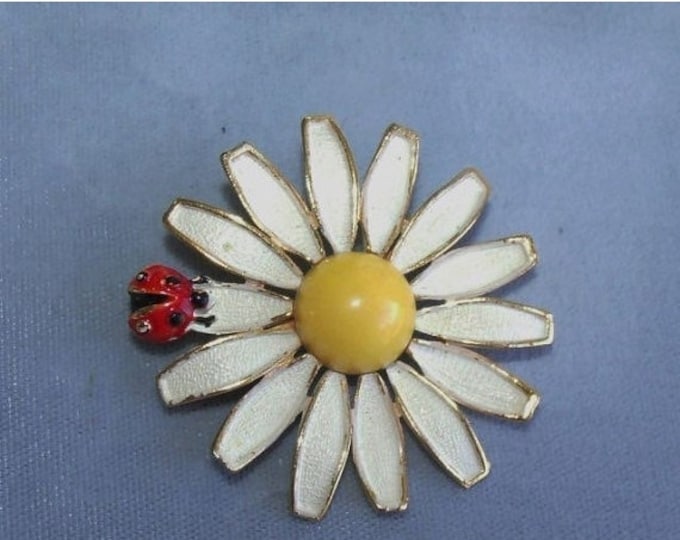 Storewide 25% Off SALE Vintage Gold Tone White Enamel Daisy Weiss Designer Signed Brooch Featuring Red Enamel Ladybug With Yellow Center