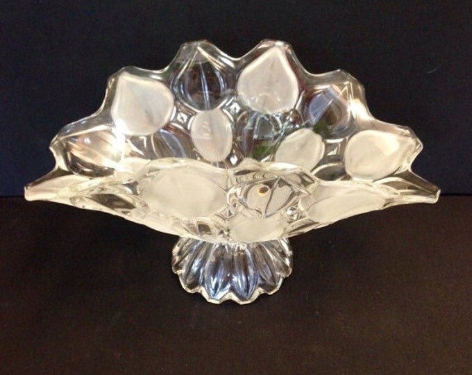 Storewide 25% Off SALE Vintage Large Clear Crystal Fan Fluted Centerpiece Fruit Bowl Featuring Elegant Ruffle Trim With Frosted Circle Patte