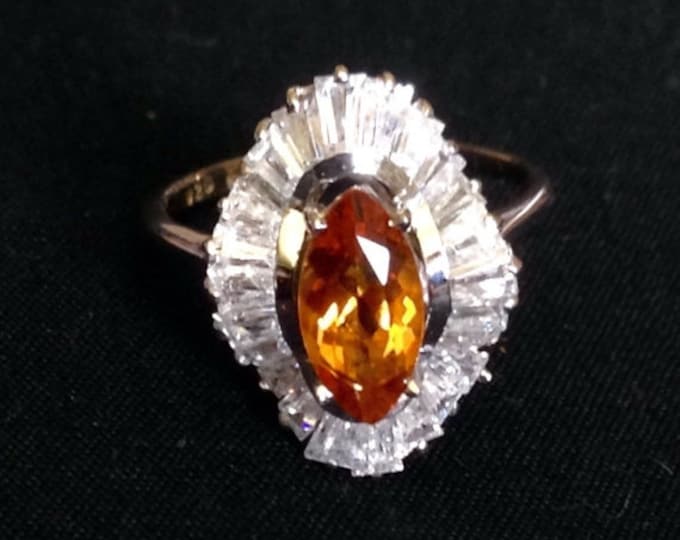 Storewide 25% Off SALE Sterling Silver Designer Ladies Cocktail Ring With Striking Citrine Starburst Design and Clear Gemstone Accented Trim