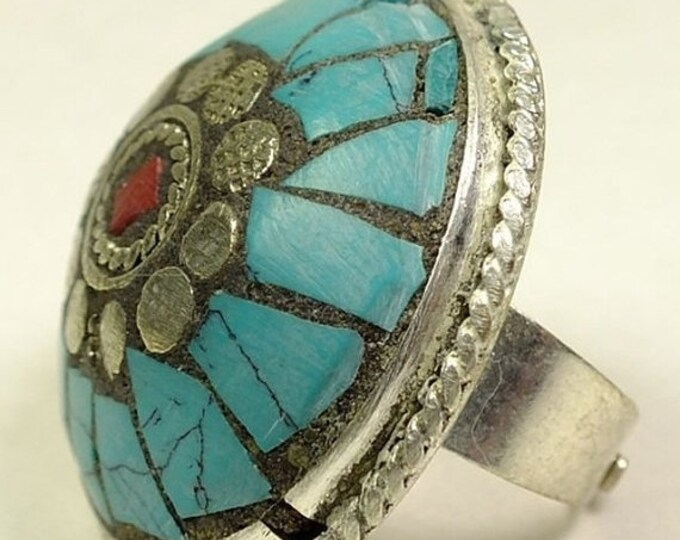 Storewide 25% Off SALE Southwestern mosaic styled unpolished silvertone ring with turquoise and coral accents, size 4.