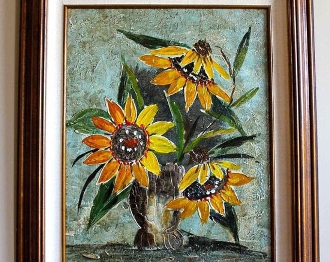 Storewide 25% Off SALE Original Oil Painting of Beautiful Sunflowers in Vase, Original Heavy Mating Housed in a Deep Rich Wood Frame