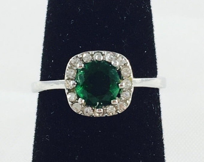 Storewide 25% Off SALE Vintage Silver Tone Emerald Green Designer Cocktail Ring Featuring Rhinestone Accented Design