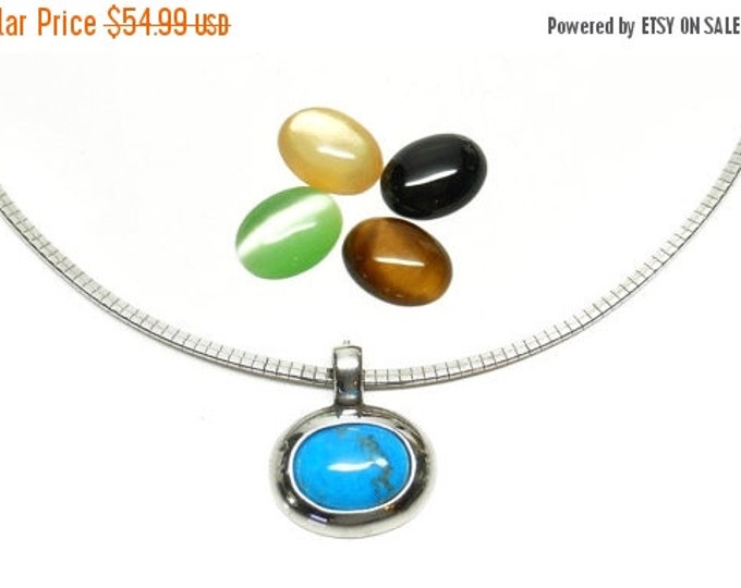 Storewide 25% Off SALE Vintage Silver Tone Omega Style Necklace With Interchangeable Turquoise Pendant Featuring Four Additional Pendant Ins