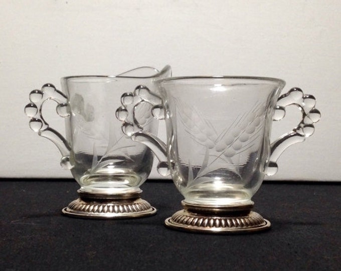 Storewide 25% Off SALE Matching Vintage Sterling Silver Etched Fine Crystal Sugar Bowl & Creamer Service Set Featuring Etched Wheat Design
