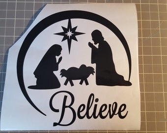 Believe Nativity Scene Vinyl Decal - Christmas, Glass Block, Lighting, Lights, Decoration