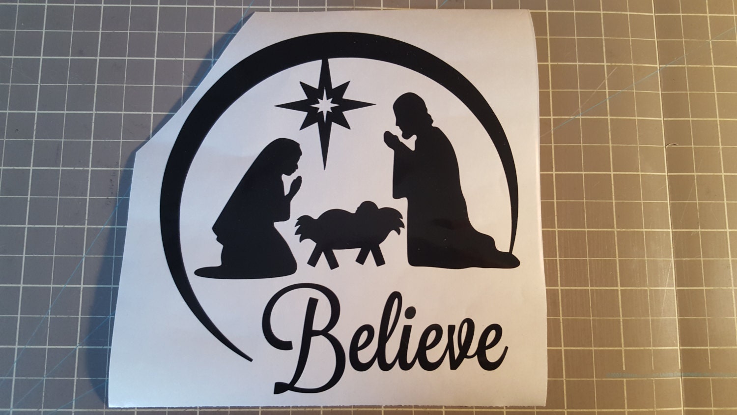 Believe Nativity Scene Vinyl Decal Christmas Glass Block