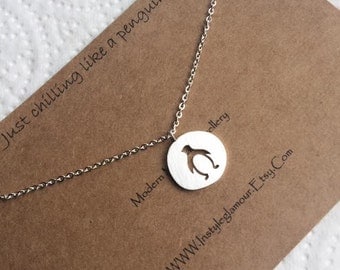 Penguin Necklace, Silver Penguin Necklace, Bird Necklace, Silver Bird Necklace, Disc Necklace