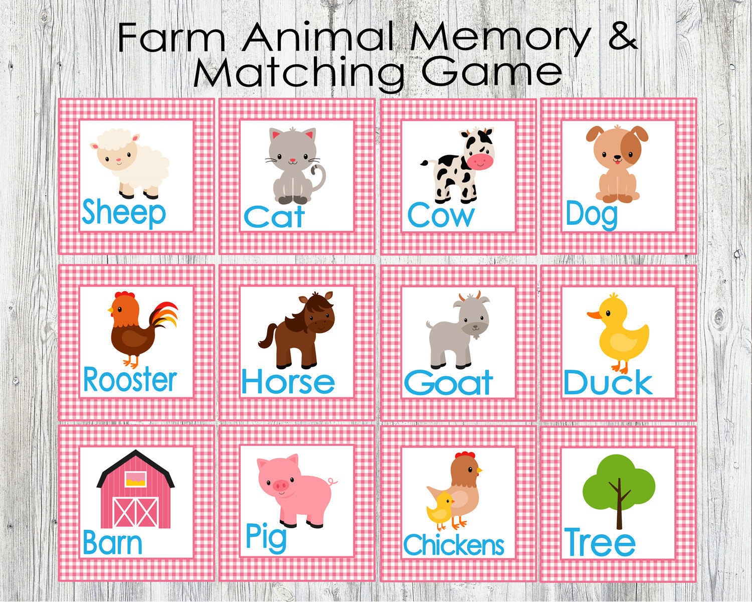 Pink Farm Animal Matching and Memory Game. Printable Game for