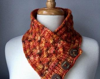 Knit Cabled Neck Warmer - Handmade Cowl - Brown & Orange Fall