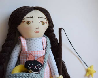 cloth doll, black cat and stars handmade ragdoll, handmade cloth doll, muñeca de trapo, muñeca de tela, heirloom doll